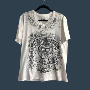 MAYAN VILLAGE -MENS WHITE ORGANIC COTTON V-NECK SHORT SLEEVE T-SHIRT SIZE LARGE